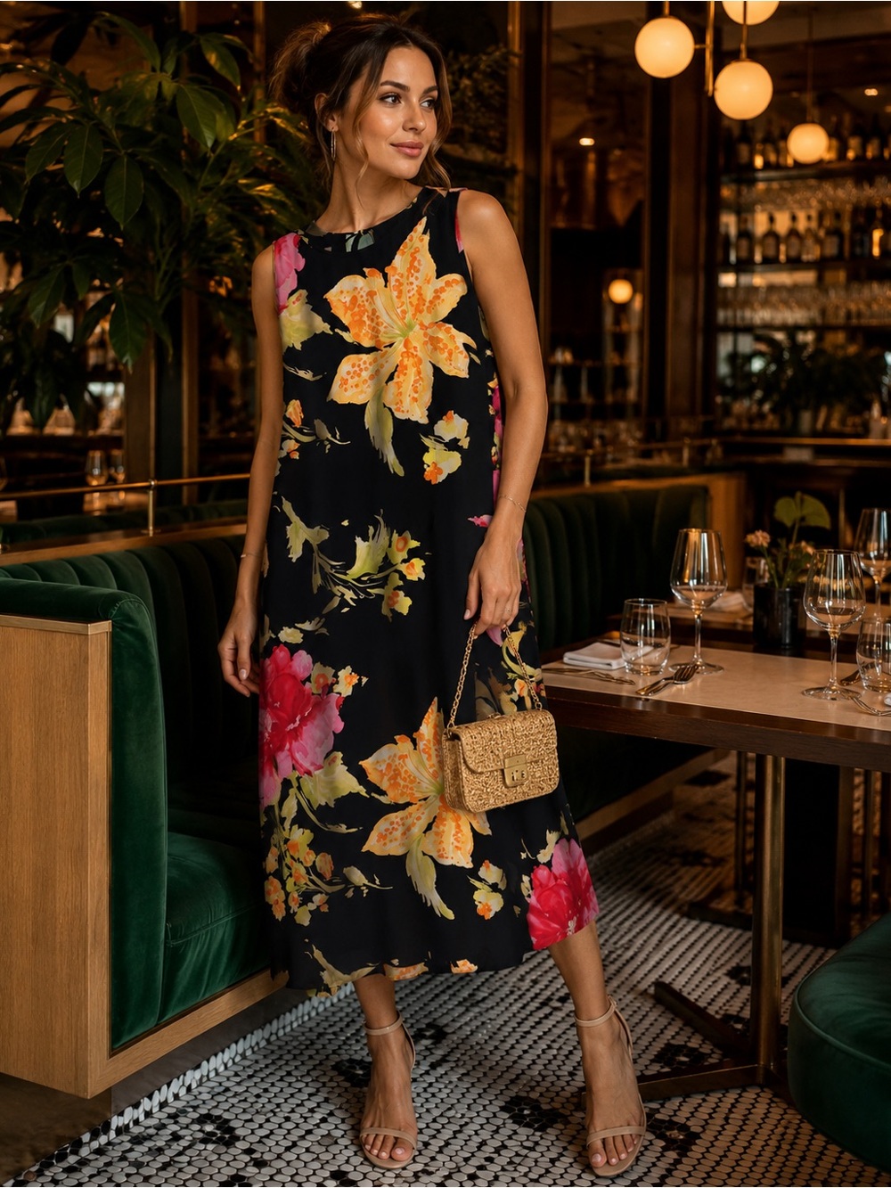 Talbots Black Sleeveless Midi Dress with Yellow & Pink Floral Print